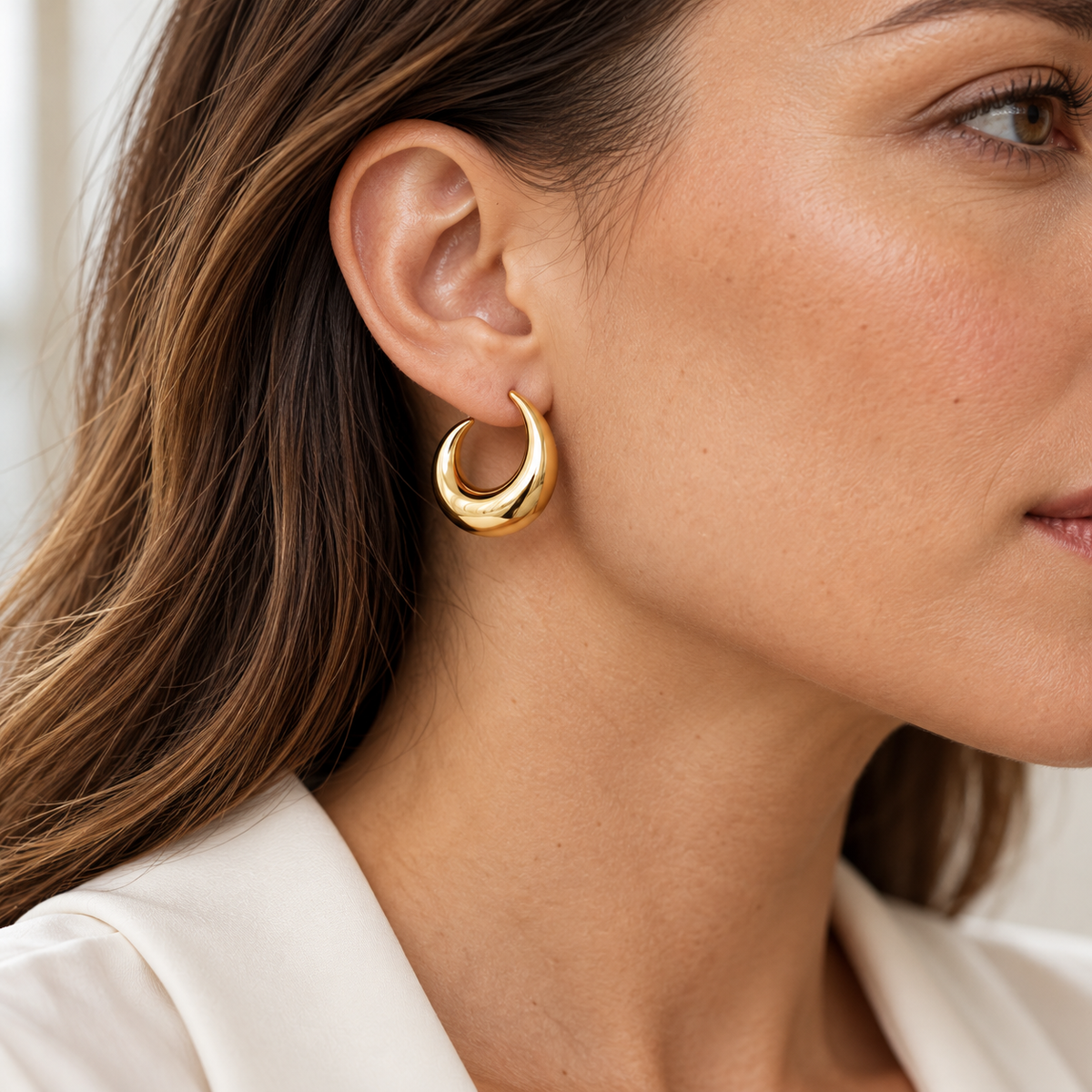 Sculpted Crescent Hoops — worn