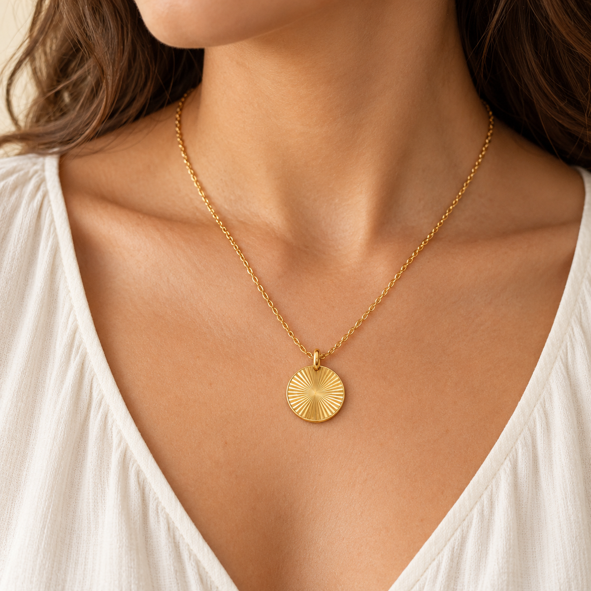 Sunburst Medallion Necklace — worn